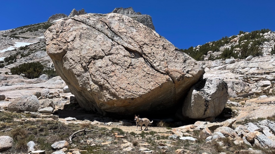 A big breeze was blasting through so daiyi hid behind a large boulder for lunch. I heard juicy marmot sqeaks, but I didn't find any.