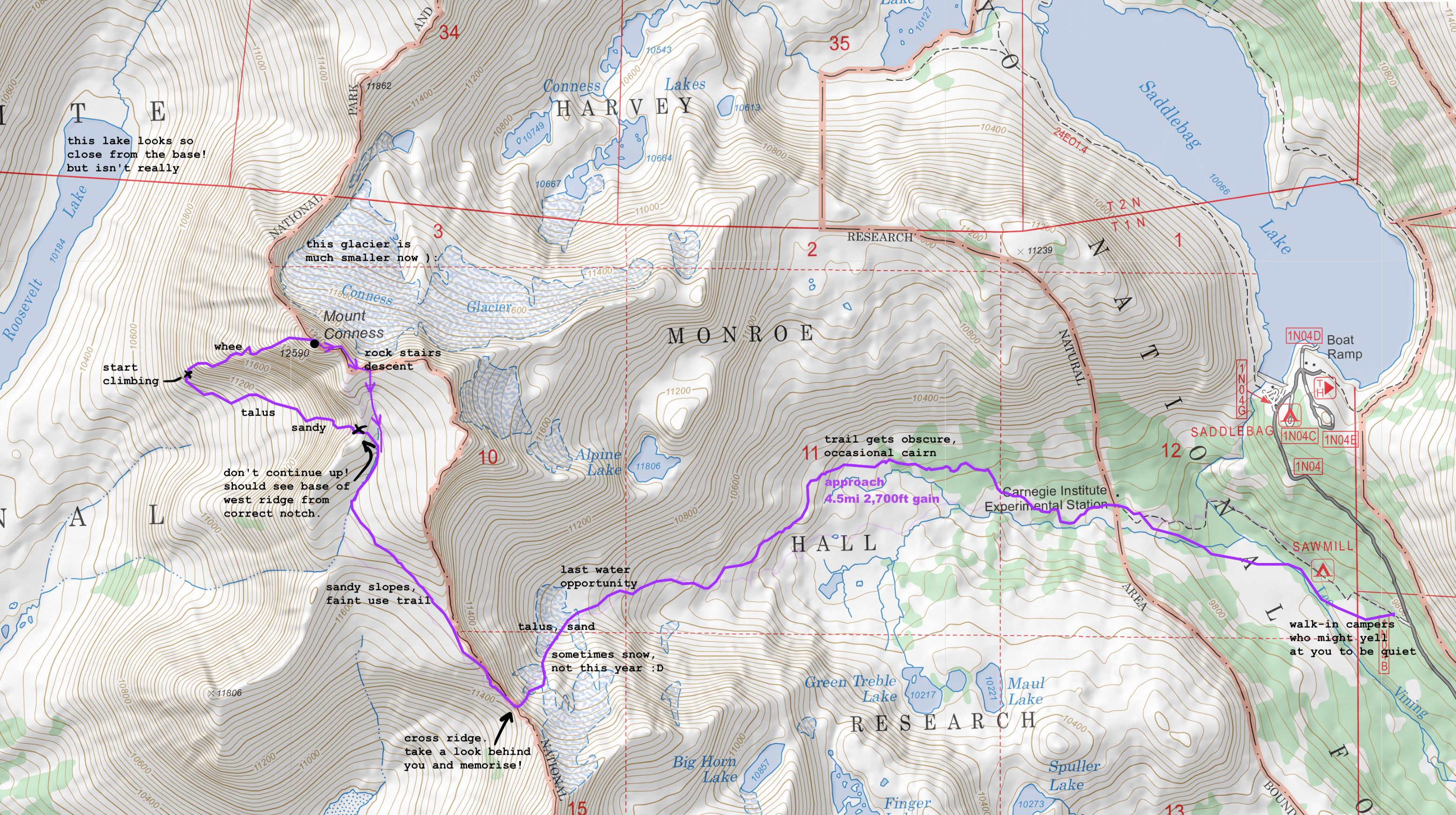 route map for west ridge of conness