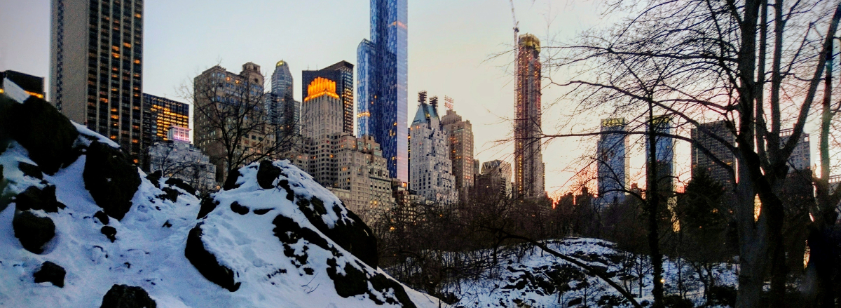 central park sunset with snowy rocks