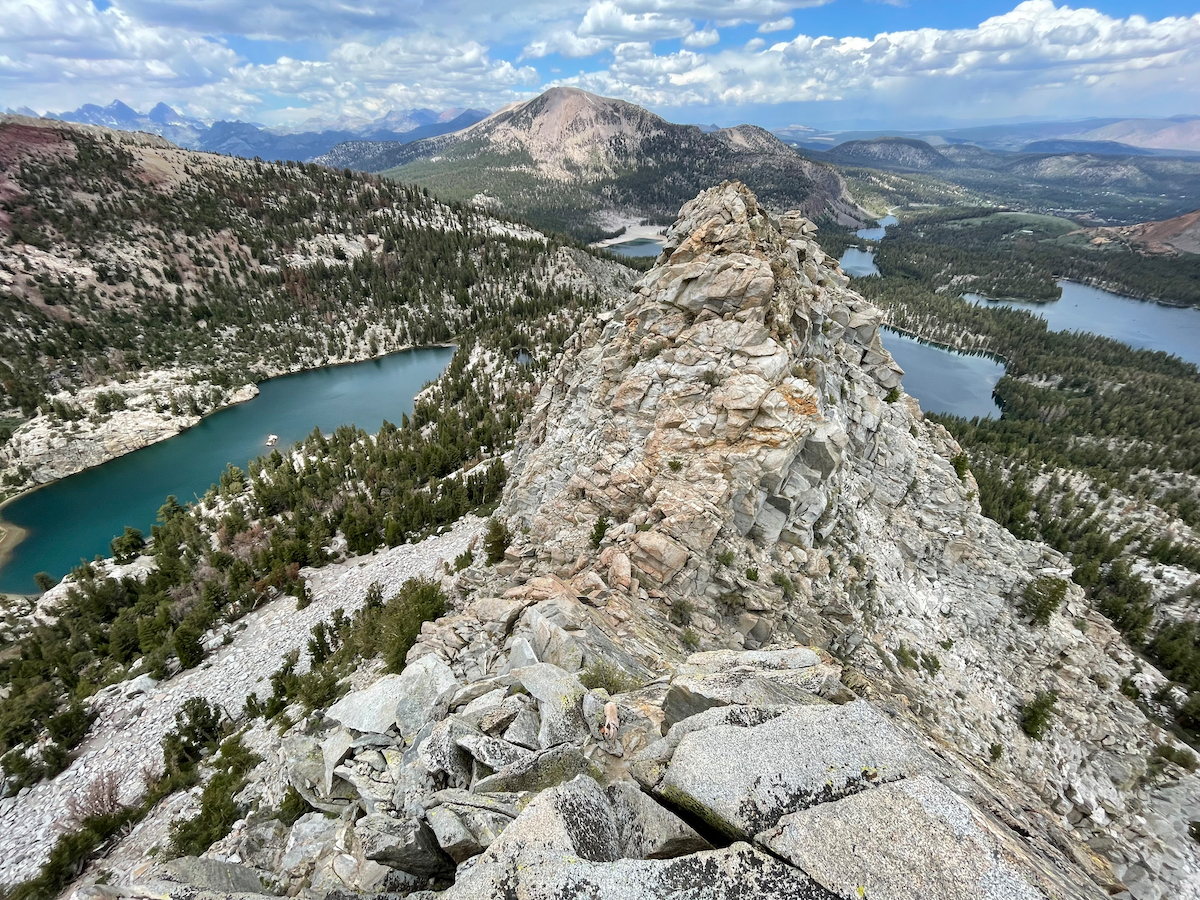 This is as high as I could get! (Can you see me waiting on the ridge?). Photo points north. To the left is Crystal Lake; to the right you can see all the lakes of Lakes Basin.
