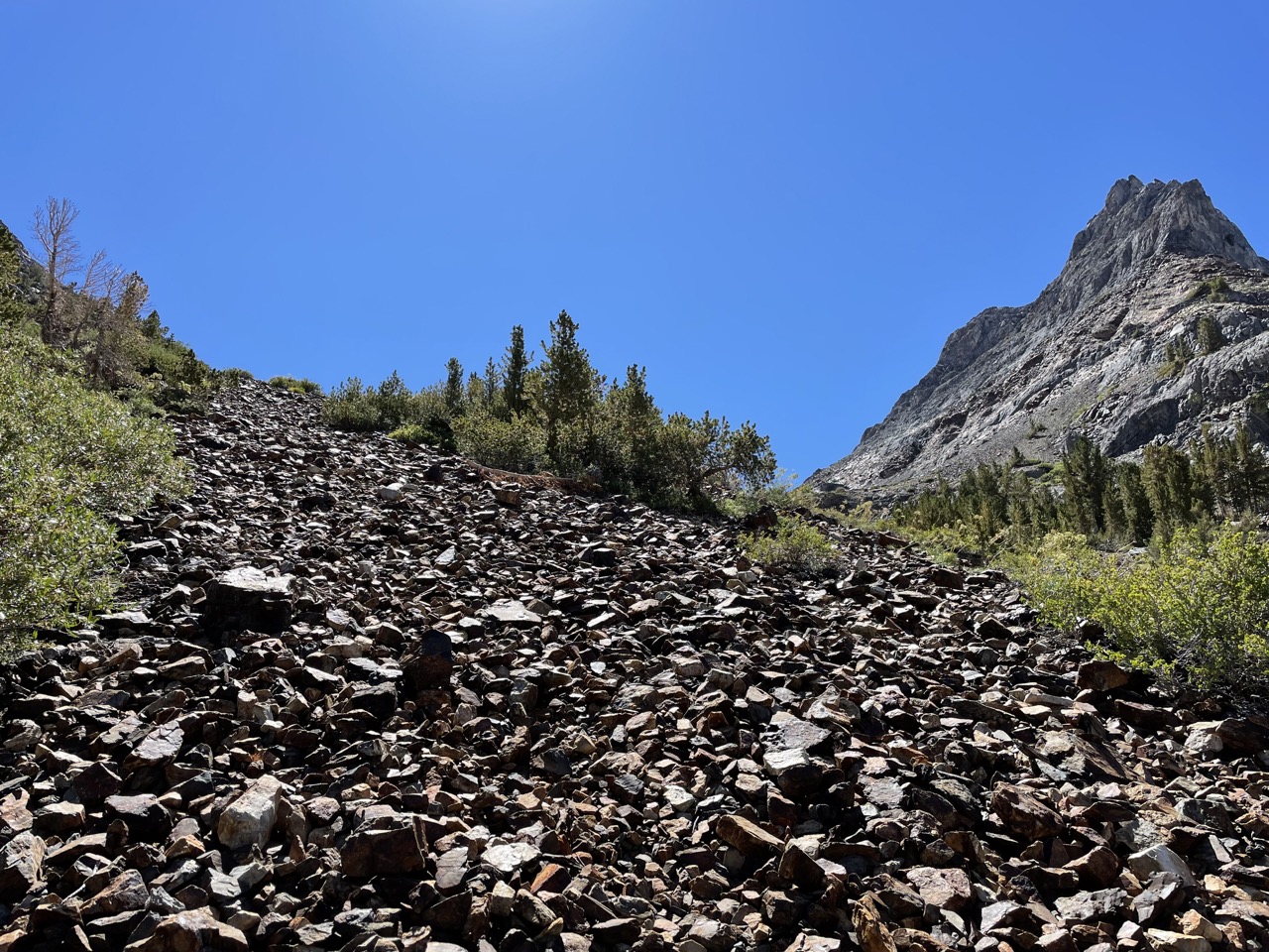 Crumbly slope opens up to a welcome easy scree field.