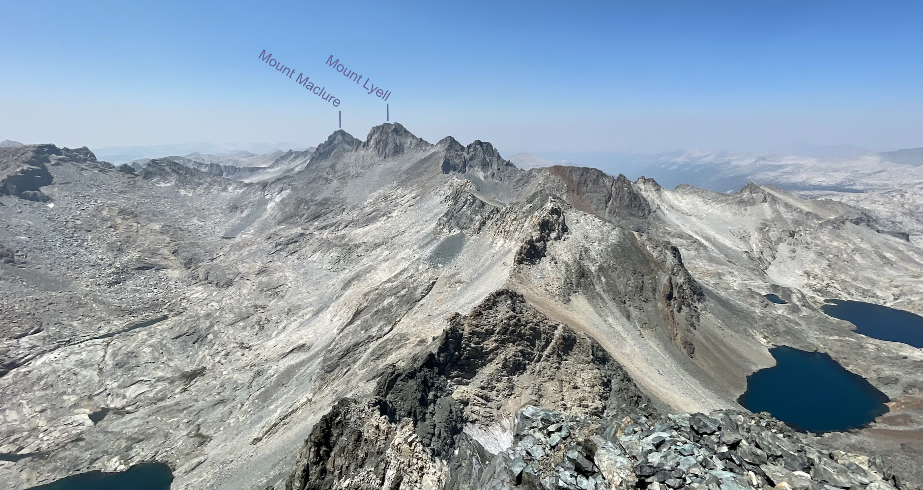 Also to the Yosemite side and seeming deceptively close are Maclure (12,880 ft) and Lyell (13,114 ft, tallest peak in Yosemite).