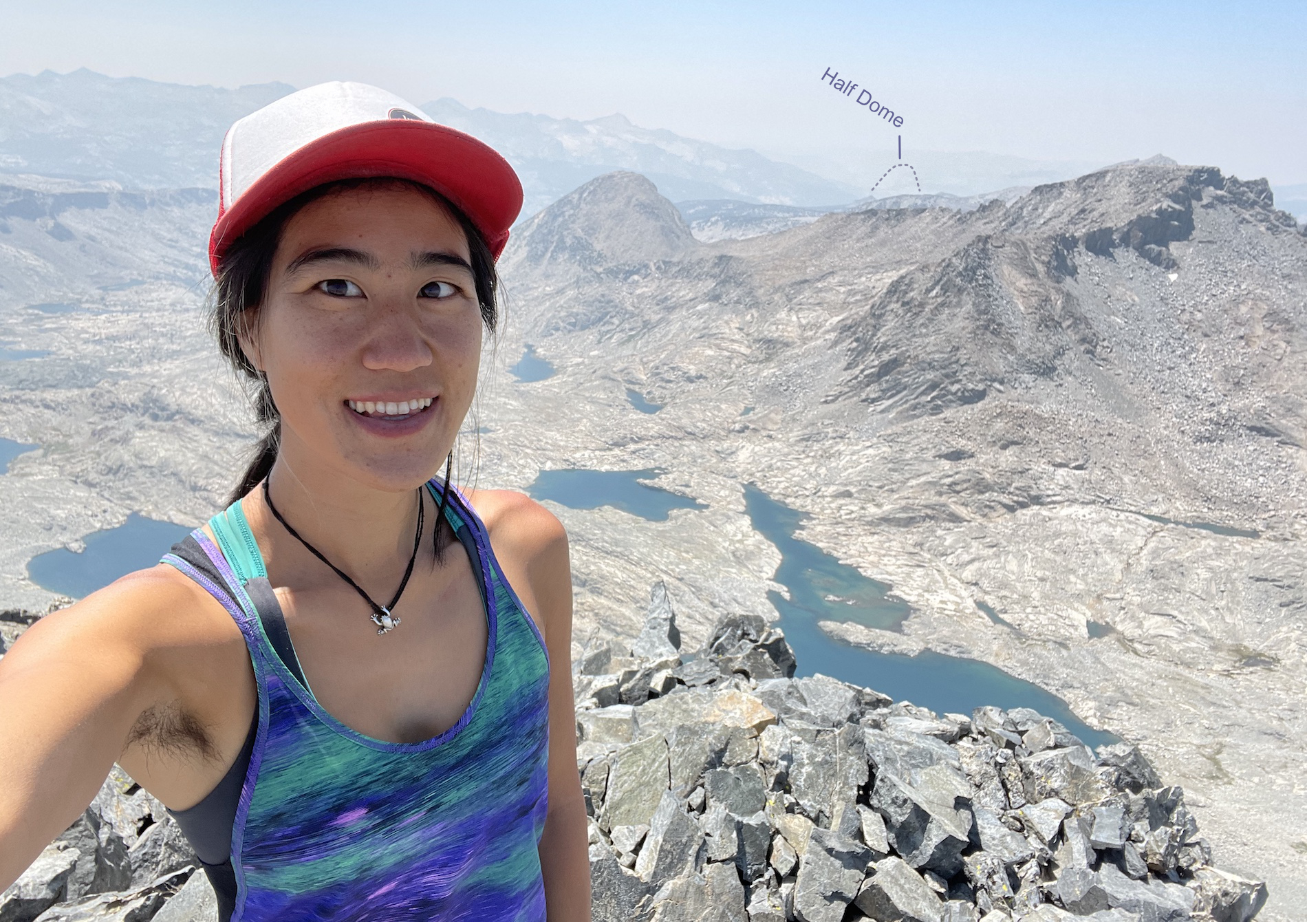 Summit selfie west, with Yosemite, where the smoke seems worse. I could barely see Half Dome, and my camera could not at all ):