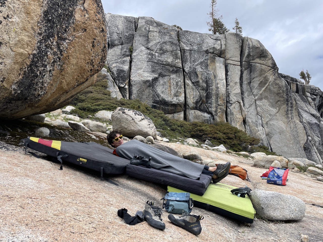 Someone forgot to pack jackets and had to use the car dog blanket! Early season problems at Olmsted Point Boulders (isn't that the trad cragging in the background?)